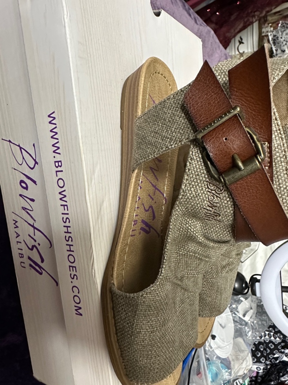 Blowfish Beige Canvas and Brown Strap Open-Toe Sandals - Picture 3 of 6